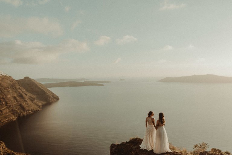Two brides Same sex LGBT elopement in the Caldera Santorini