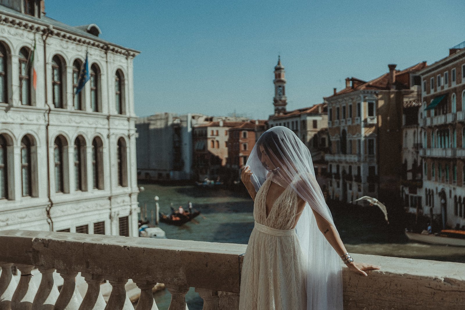 Venice wedding videographer filming bride in Rialto