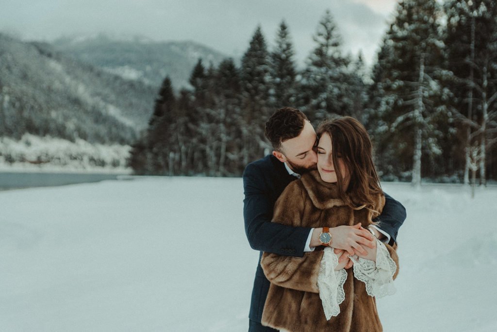 Austrian Alps wedding videographer filming winter elopement in Lake Achensee Tirol
