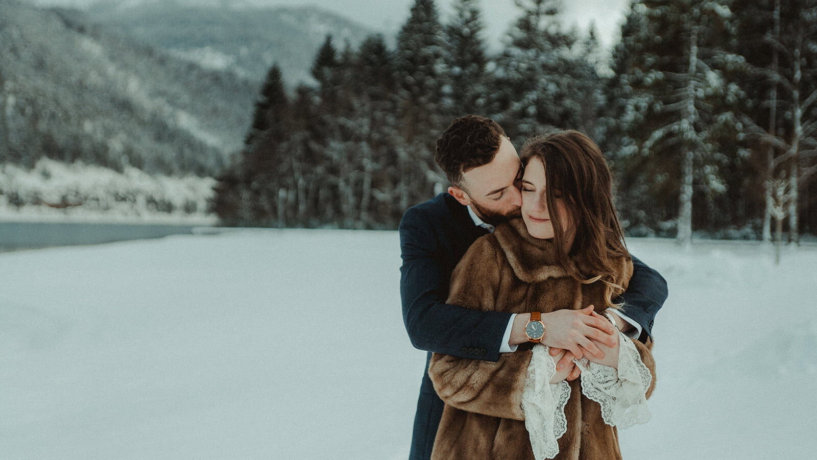 Austrian Alps wedding videographer filming winter elopement in Lake Achensee Tirol