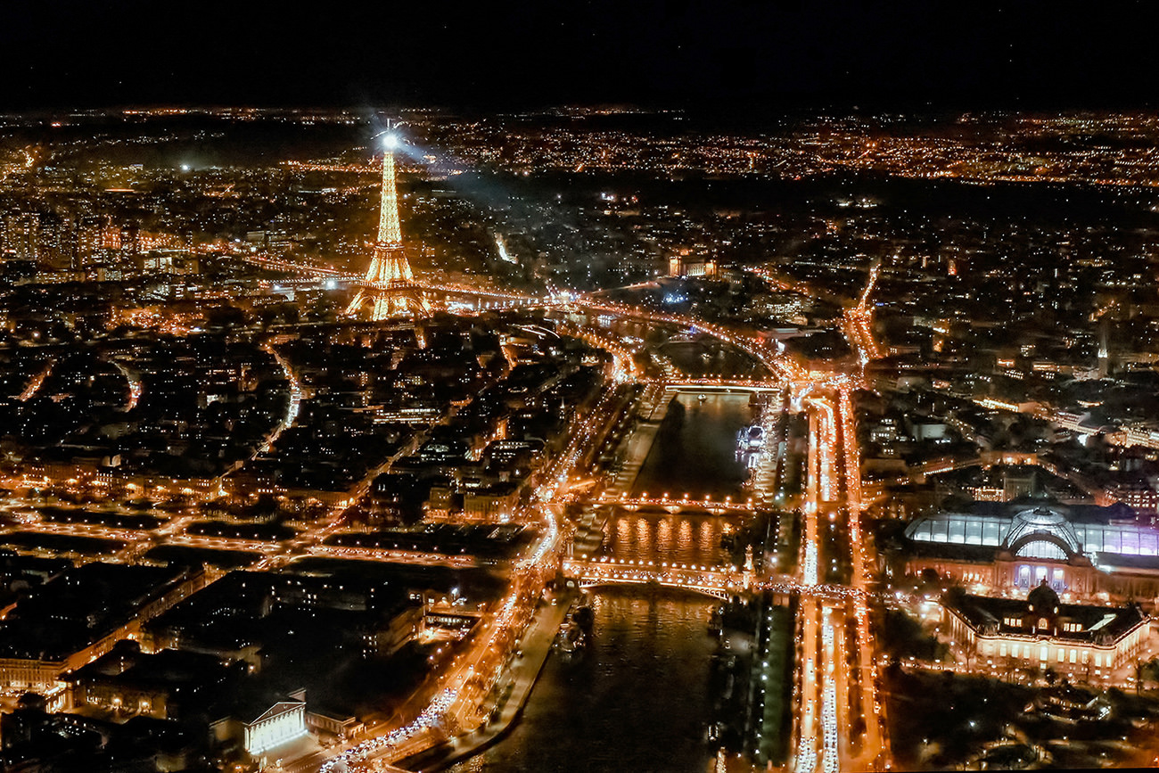 Paris Aerial night picture with the Eiffel Tower and the Seine River