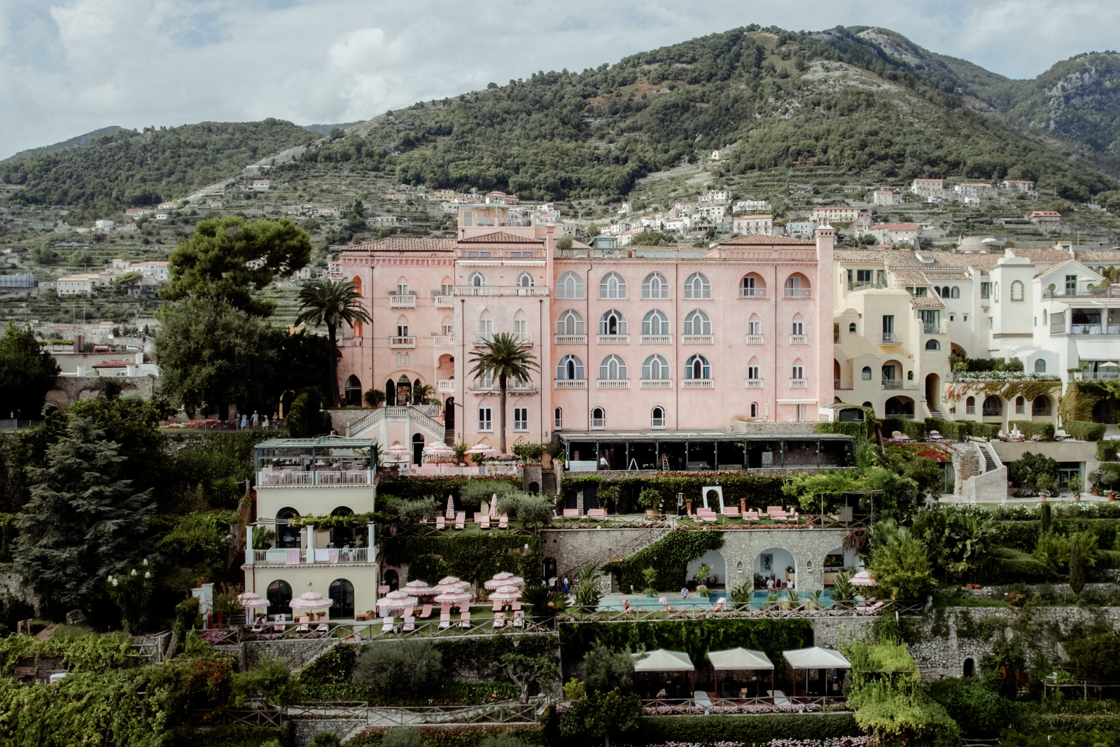 Aerial view of Palazzo Avino one of the Best Wedding Venues on the Amalfi Coast filmed by a Ravello Wedding Videographer