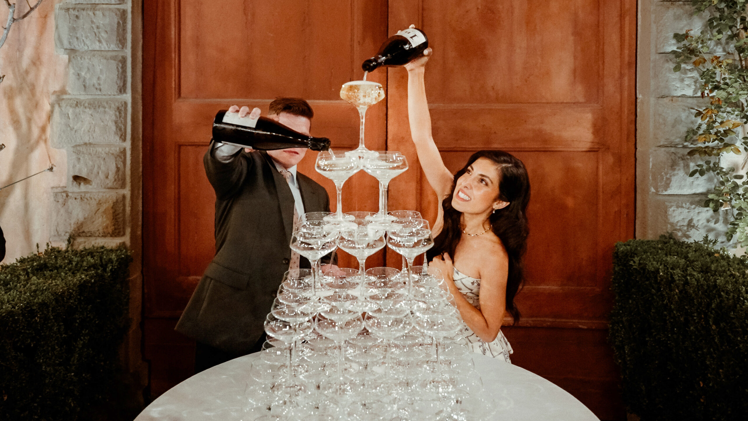 Champagne tower at a Destination Wedding at Villa Grabau in Tuscany