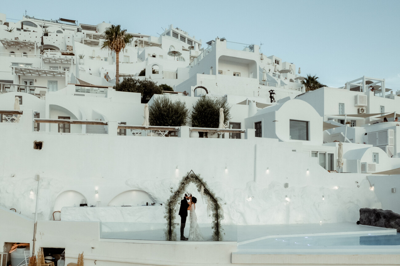 aerial view of a romantic Santorini Elopement at Dana Villas