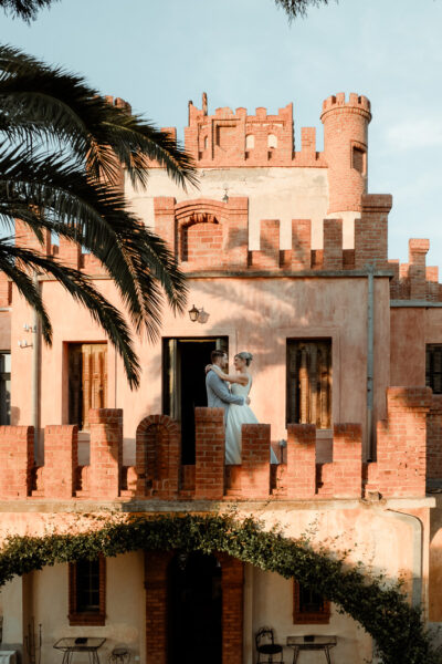 A couple dancing at Melissourgos Castle, filmed by their Athens Wedding Videographer