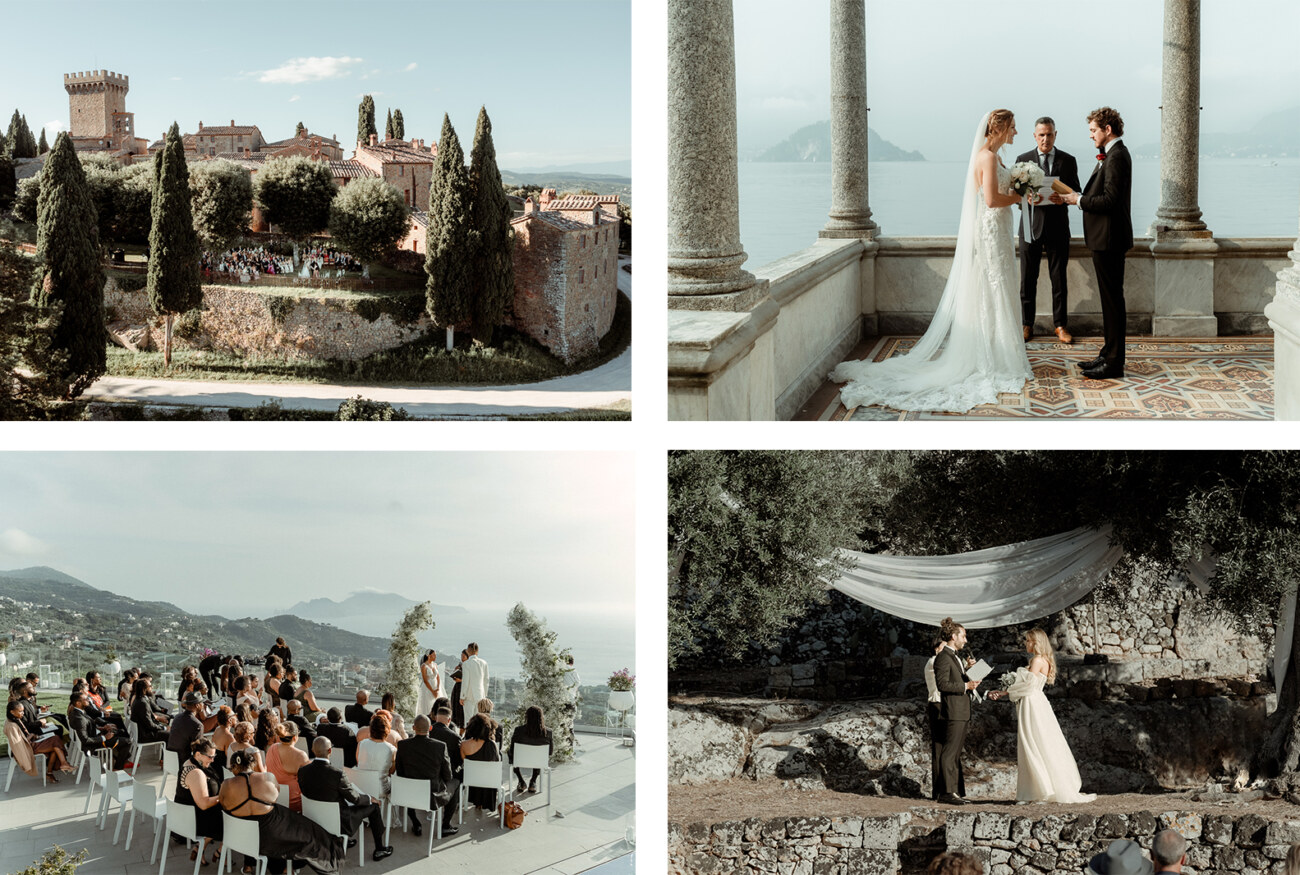 4 images of four wedding ceremonies in different locations to illustrate how to plan a destination wedding in italy