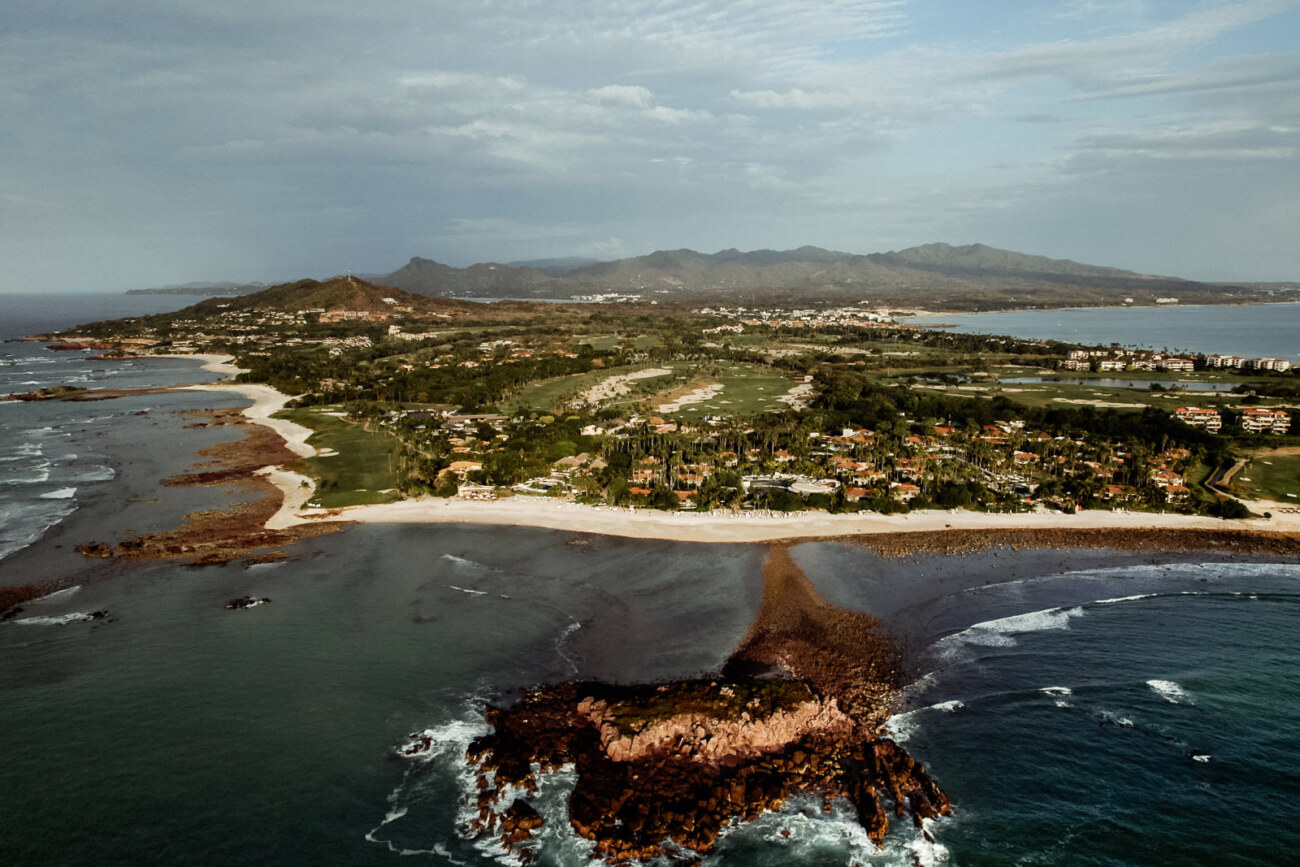 Aerial view of Punta Mita with the St Regis and the Four Seasons Punta Mita visible at a distance