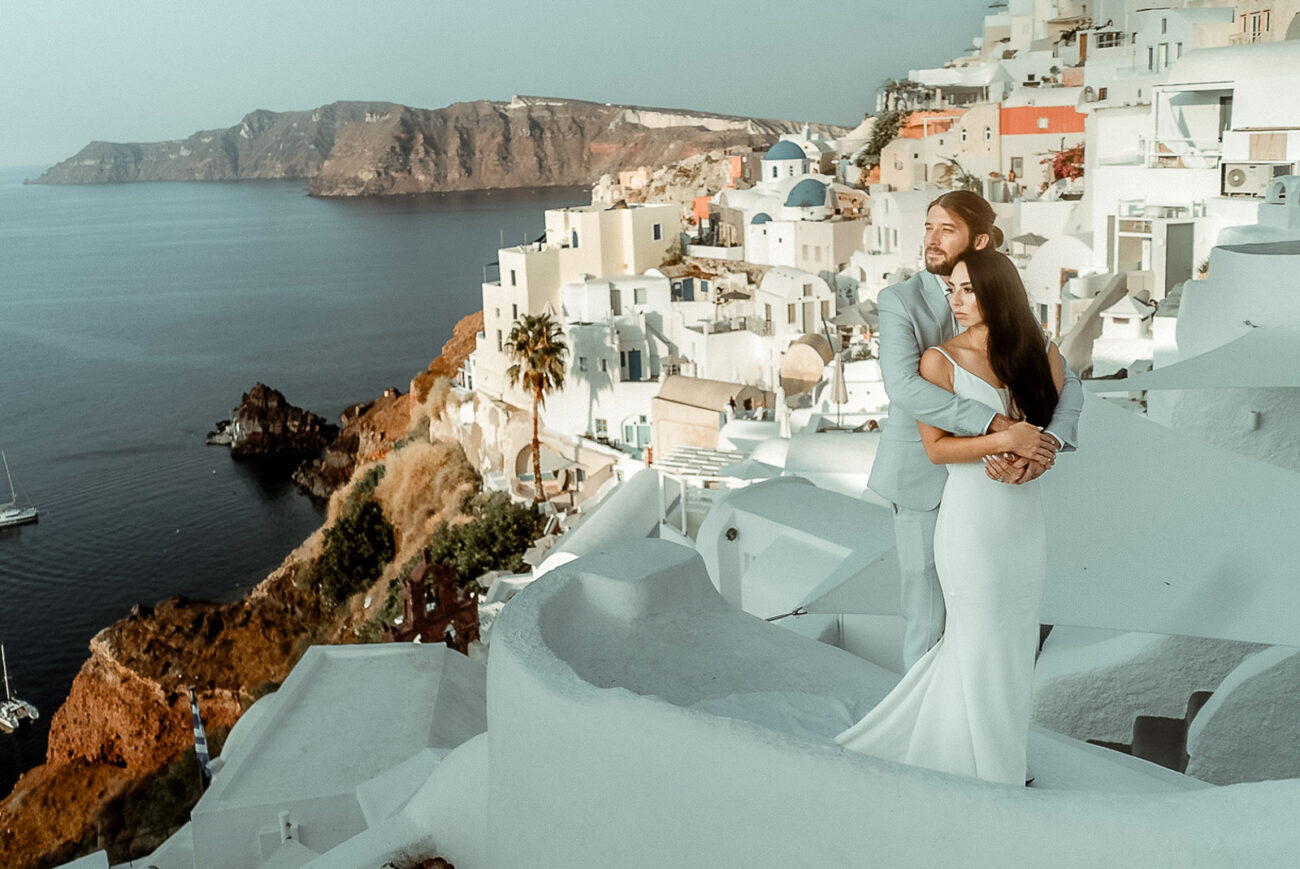Bride and groom in a quiet Greek island location during their wedding film