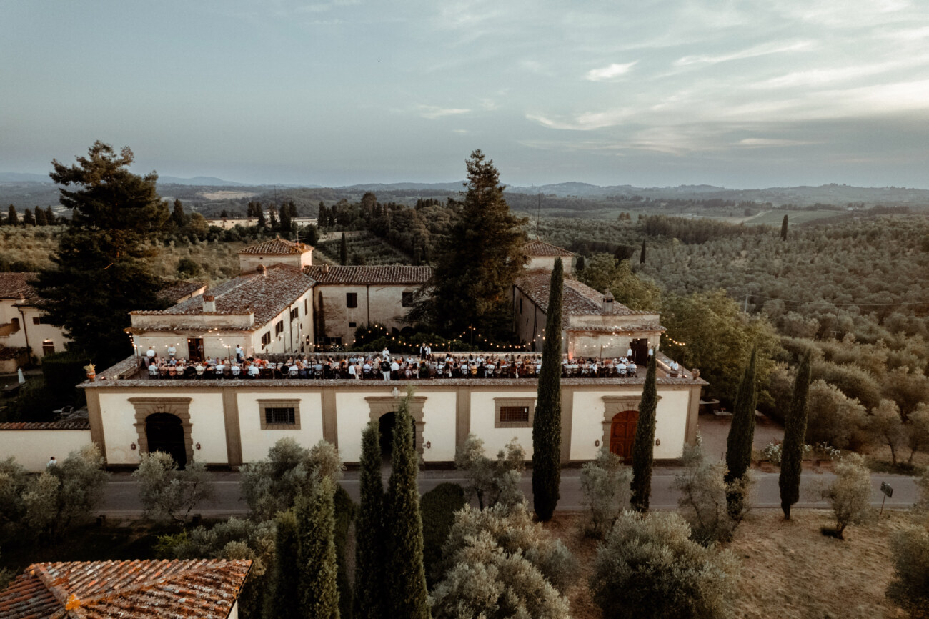 Outdoor roof dinner at Villa di Lilliano, one of the Best Wedding Venues in Tuscany